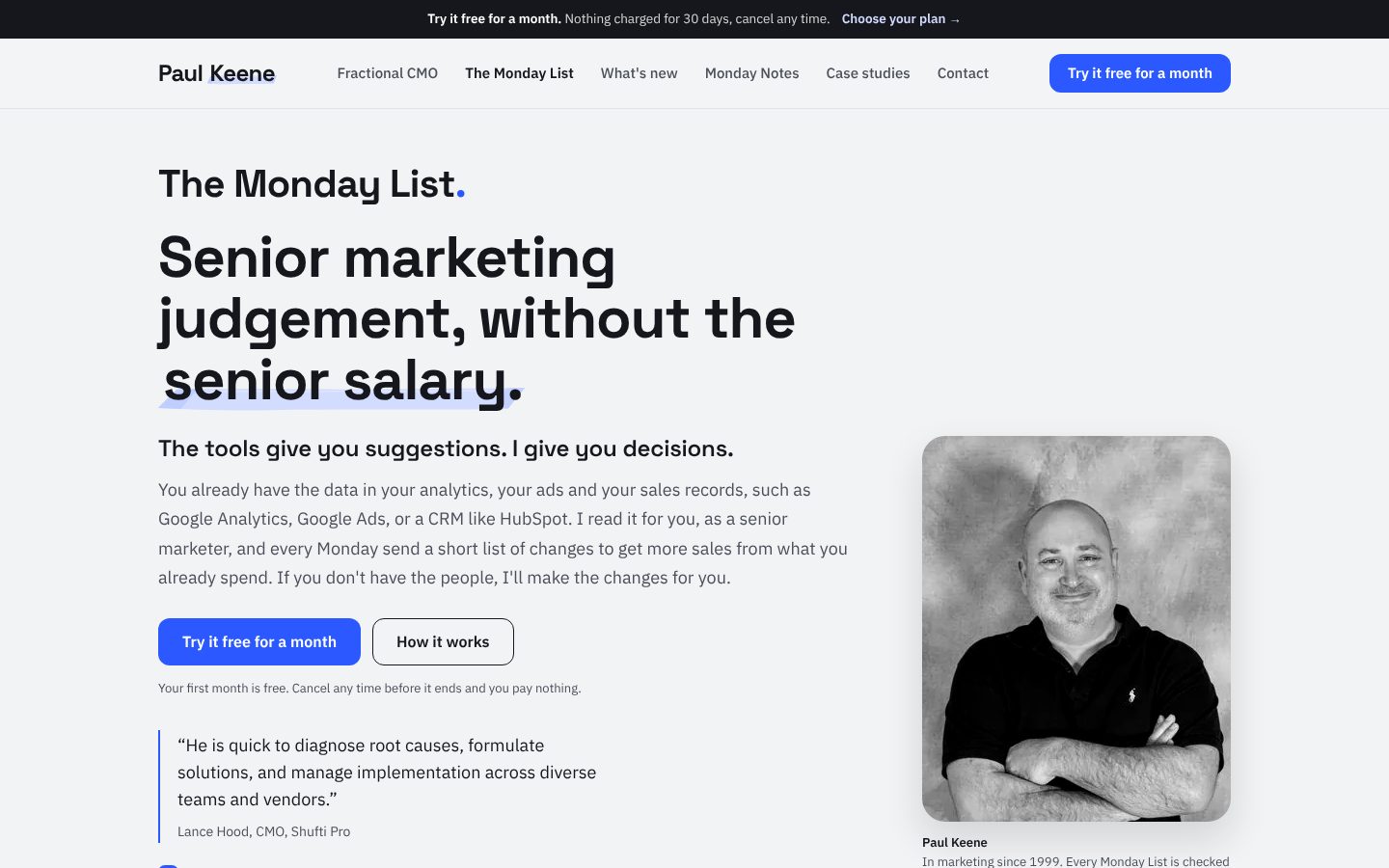 The top of The Monday List page on paulkeene.com: the headline "Senior marketing judgement, without the senior salary.", the buttons to try it free for a month or see how it works, and a black and white photo of Paul Keene.